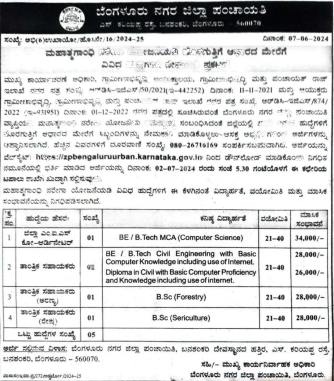 ಬೆಂಗಳೂರು ಜಿಲ್ಲಾ ಪಂಚಾಯತ್ ನಲ್ಲಿ ವಿವಿಧ ಹುದ್ದೆಗಳಿಗೆ ಅರ್ಜಿ ಆಹ್ವಾನಿಸಲಾಗಿದೆ.. 1 05 Technical Assistant District MIS Coordinator Posts Advt Details Bengaluru Urban Zilla Panchayat